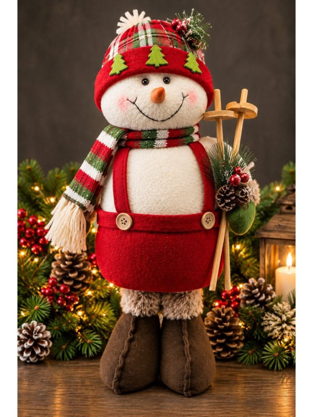 Christmas Skiing Snowman Figurine 18" Wooden Skis Red Overalls Alpine Lodge Deco